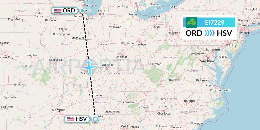 EI7229 Aer Lingus Flight Map: Chicago to Huntsville