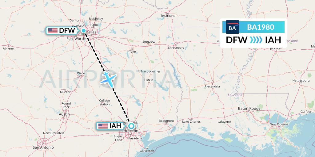BA1980 British Airways Flight Map: Dallas to Houston