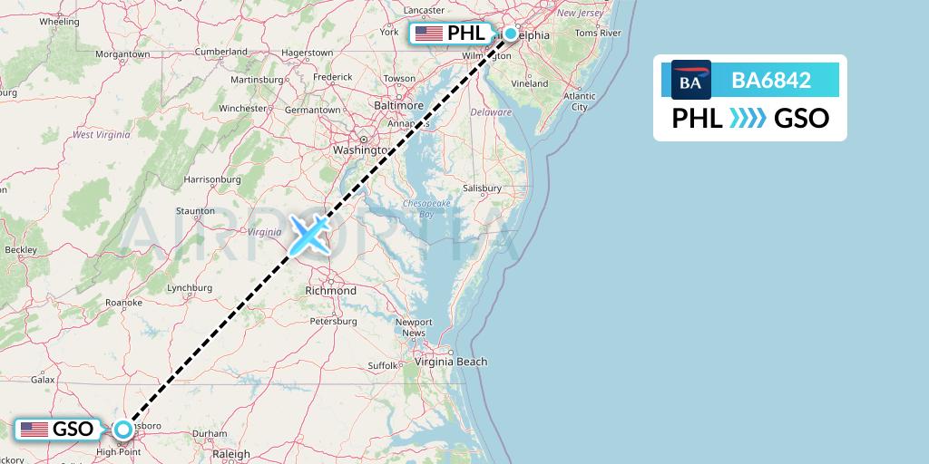 BA6842 British Airways Flight Map: Philadelphia to Greensboro