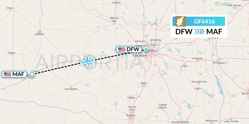 GF6416 Gulf Air Flight Map: Dallas to Midland