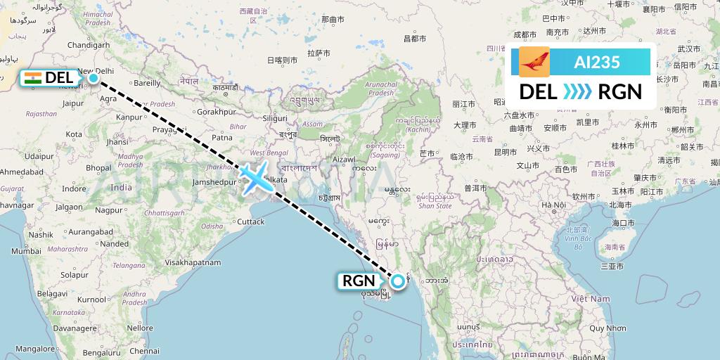 AI235 Air India Flight Map: Delhi to Yangon