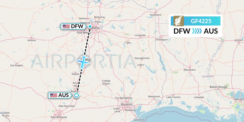 GF4225 Gulf Air Flight Map: Dallas to Austin