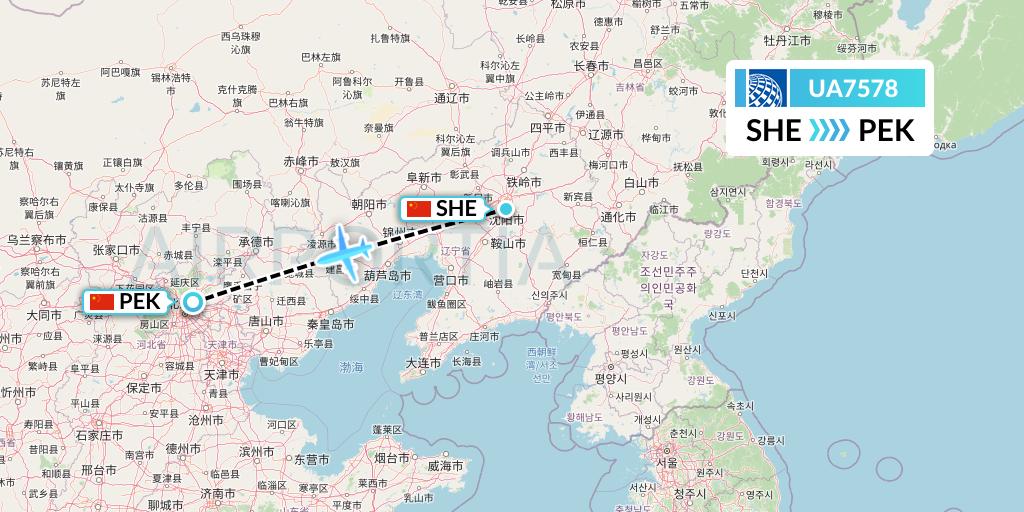 UA7578 United Airlines Flight Map: Shenyang to Beijing