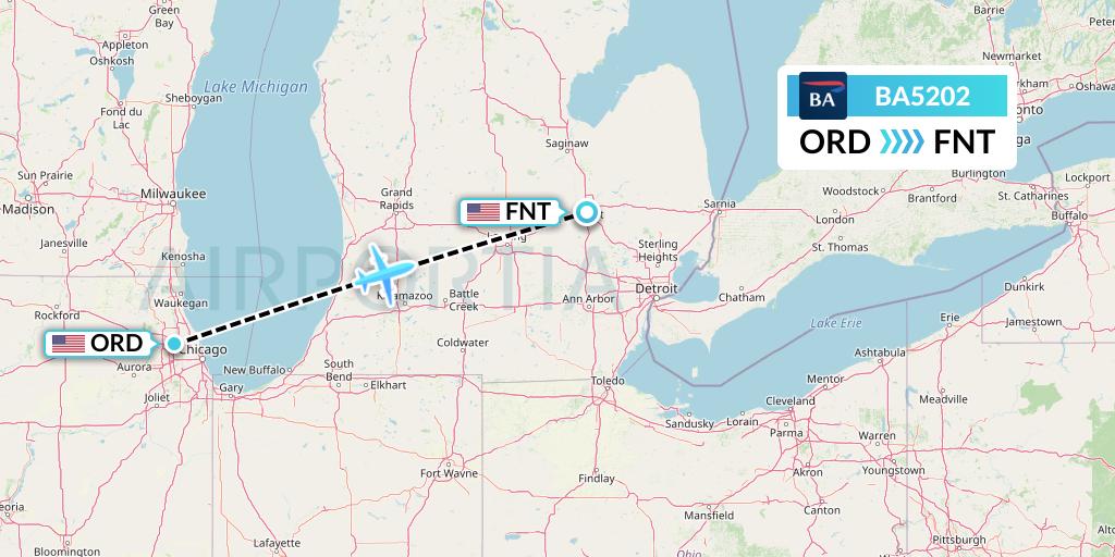 BA5202 British Airways Flight Map: Chicago to Flint