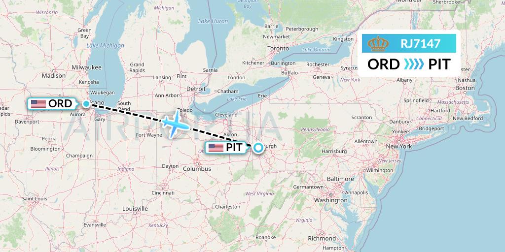 RJ7147 Royal Jordanian Flight Map: Chicago to Pittsburgh