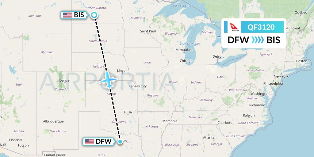 QF3120 Qantas Flight Map: Dallas to Bismarck