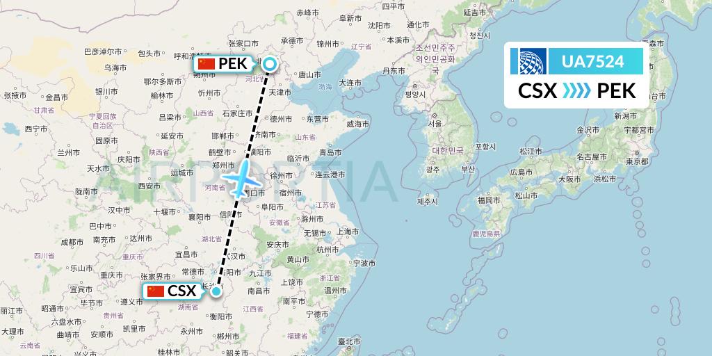 UA7524 United Airlines Flight Map: Changsha to Beijing