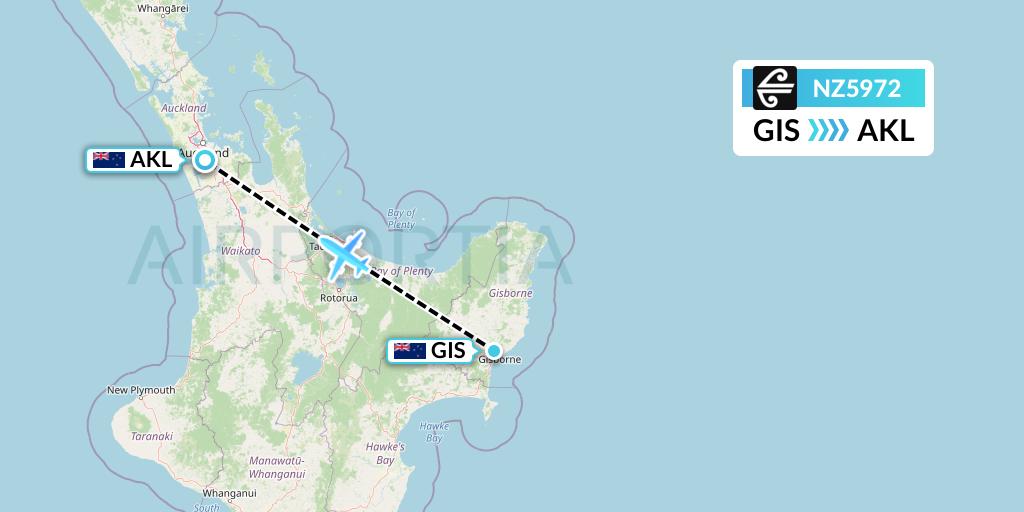 NZ5972 Air New Zealand Flight Map: Gisborne to Auckland