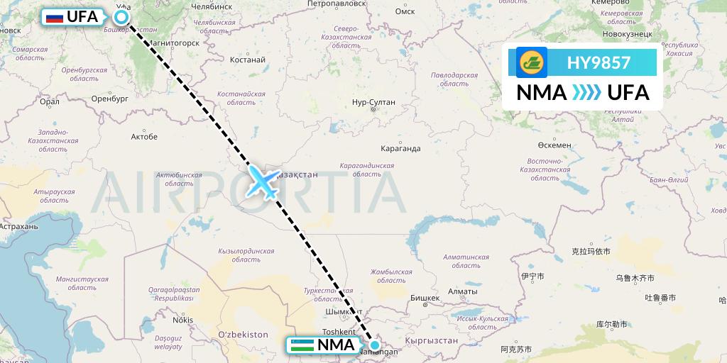 HY9857 Uzbekistan Airways Flight Map: Namangan to Ufa