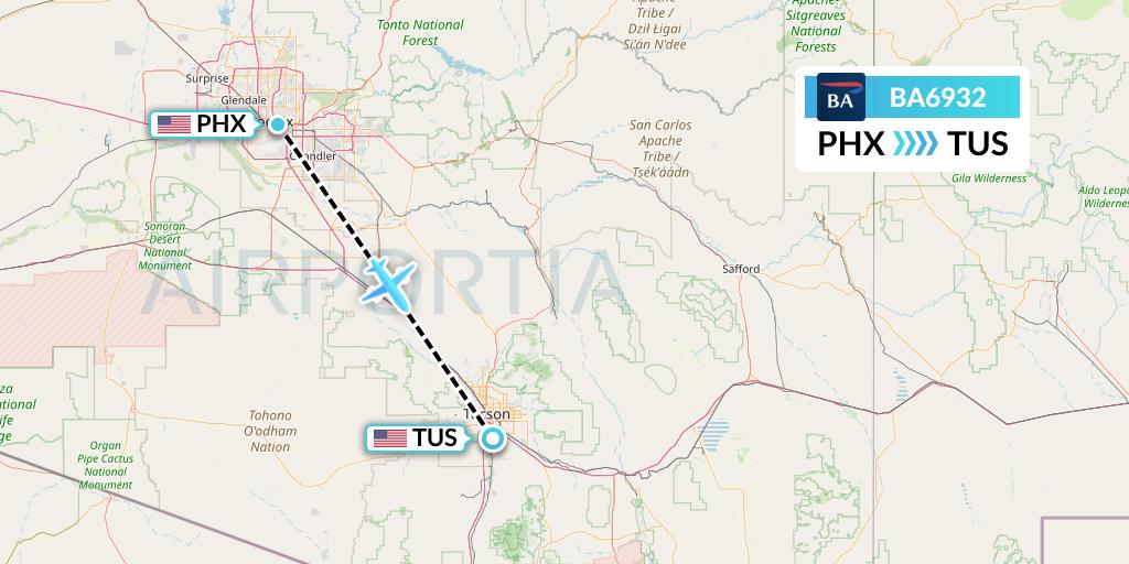 BA6932 British Airways Flight Map: Phoenix to Tucson