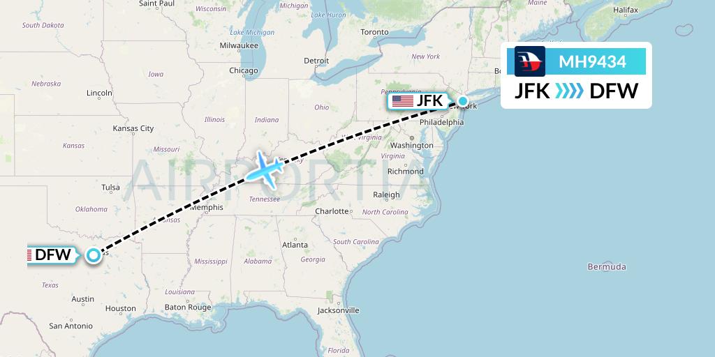 MH9434 Malaysia Airlines Flight Map: New York to Dallas