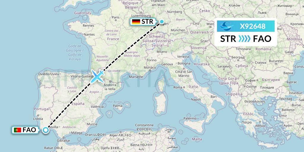 X92648 Avion Express Flight Map: Stuttgart to Faro