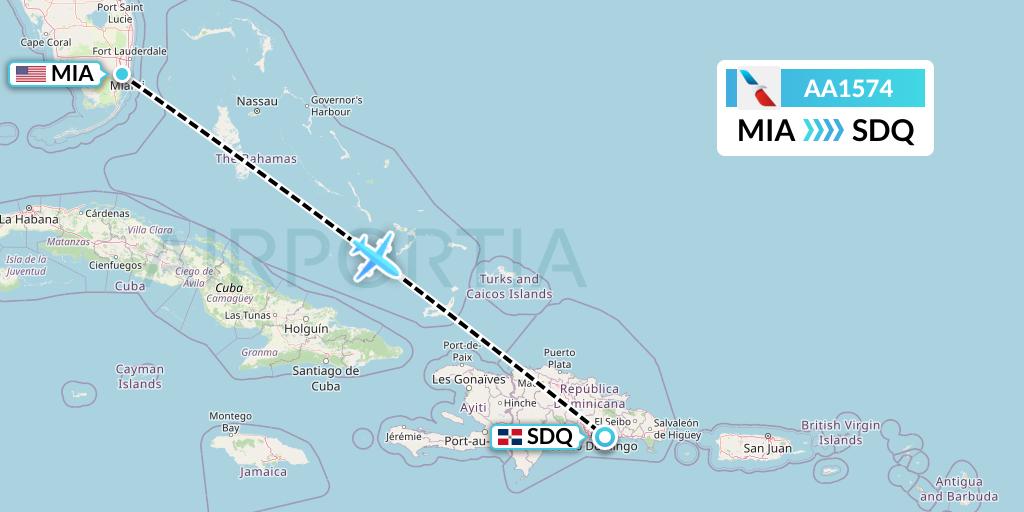 AA1574 American Airlines Flight Map: Miami to Santo Domingo