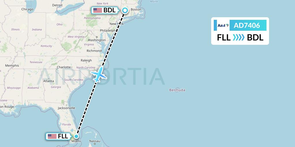 AD7406 Azul Brazilian Airlines Flight Map: Fort Lauderdale to Windsor Locks
