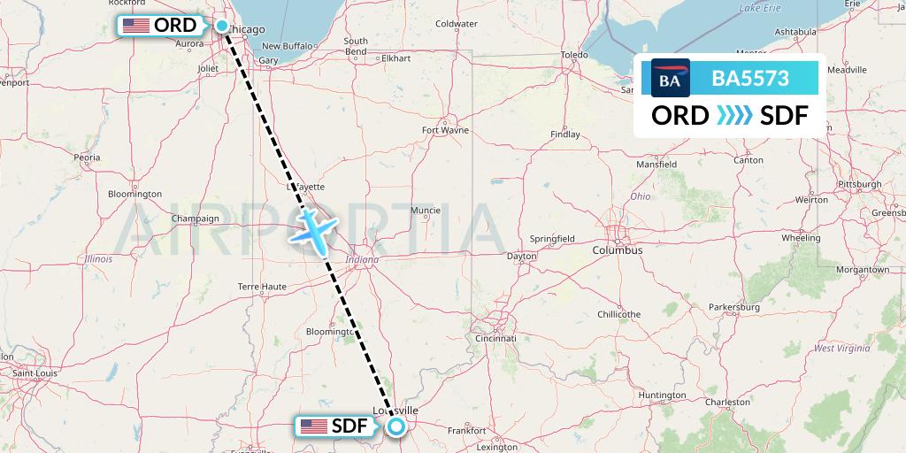 BA5573 British Airways Flight Map: Chicago to Louisville