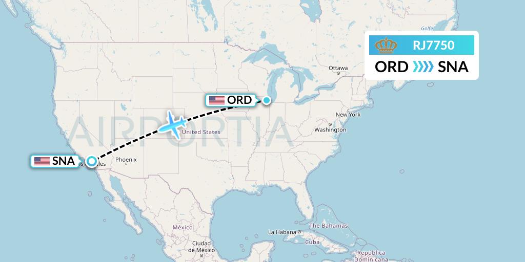 RJ7750 Royal Jordanian Flight Map: Chicago to Orange County