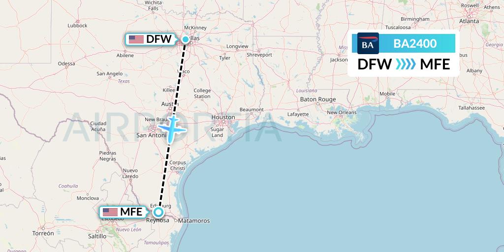 BA2400 British Airways Flight Map: Dallas to McAllen