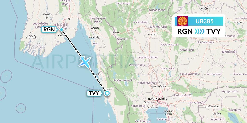 UB385 Myanmar National Airlines Flight Map: Yangon to Dawei