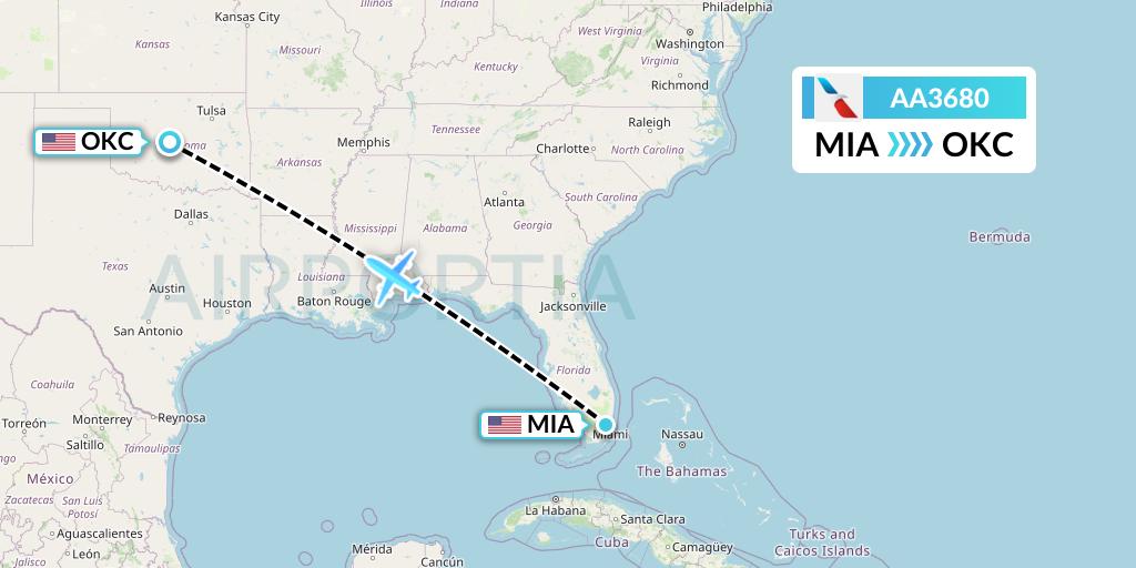 AA3680 American Airlines Flight Map: Miami to Oklahoma City