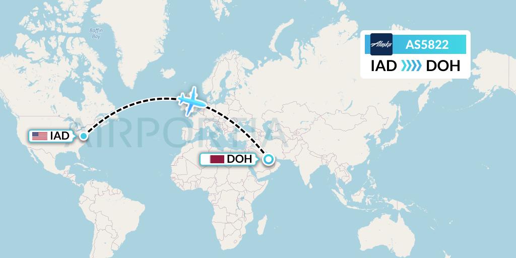 AS5822 Alaska Airlines Flight Map: Washington to Doha