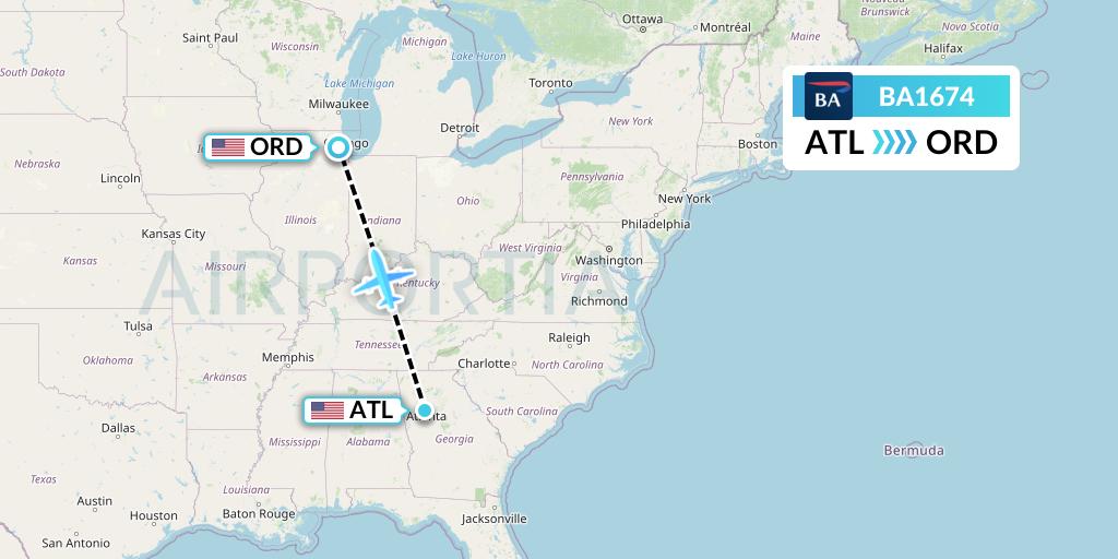 BA1674 British Airways Flight Map: Atlanta to Chicago
