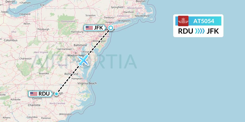 AT5054 Royal Air Maroc Flight Map: Raleigh-Durham to New York