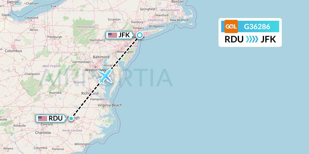 G36286 GOL Transportes Aeros Flight Map: Raleigh-Durham to New York