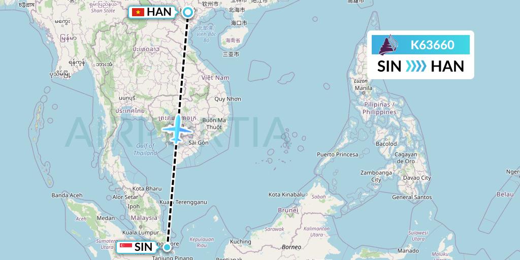 K63660 Cambodia Angkor Air Flight Map: Singapore to Hanoi