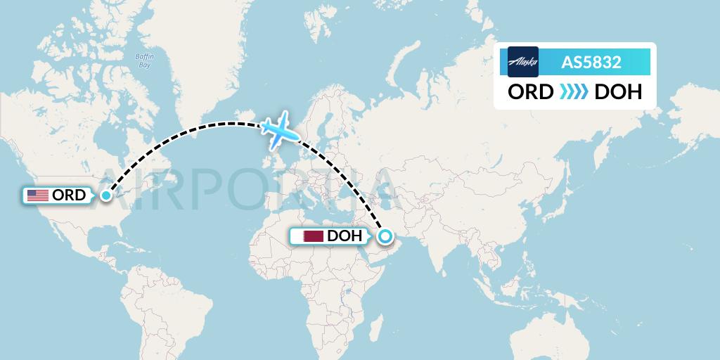 AS5832 Alaska Airlines Flight Map: Chicago to Doha
