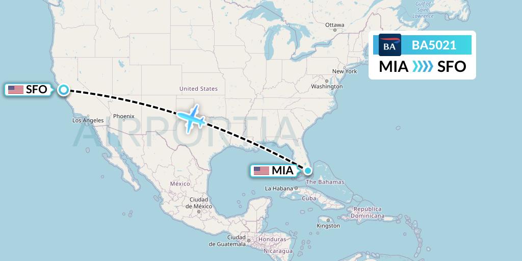 BA5021 British Airways Flight Map: Miami to San Francisco