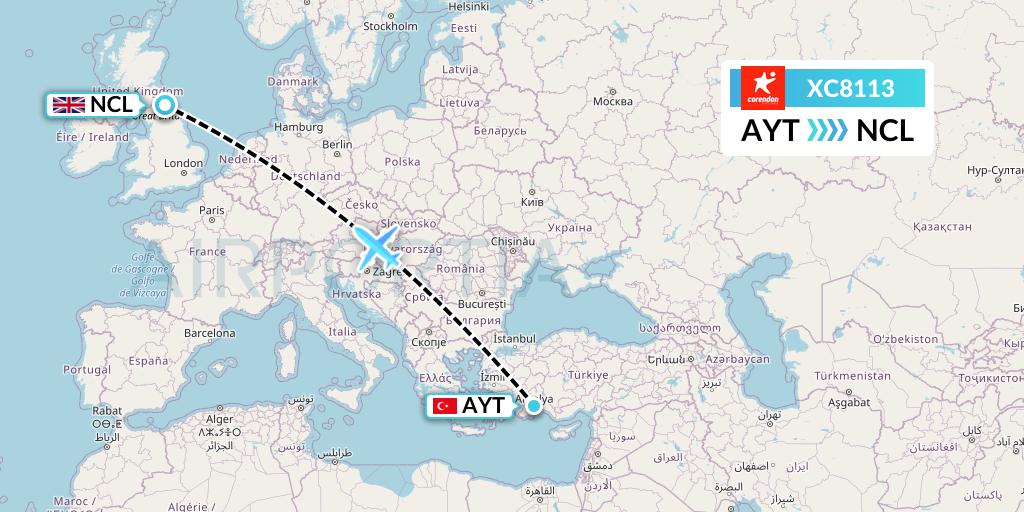 XC8113 Corendon Airlines Flight Map: Antalya to Newcastle