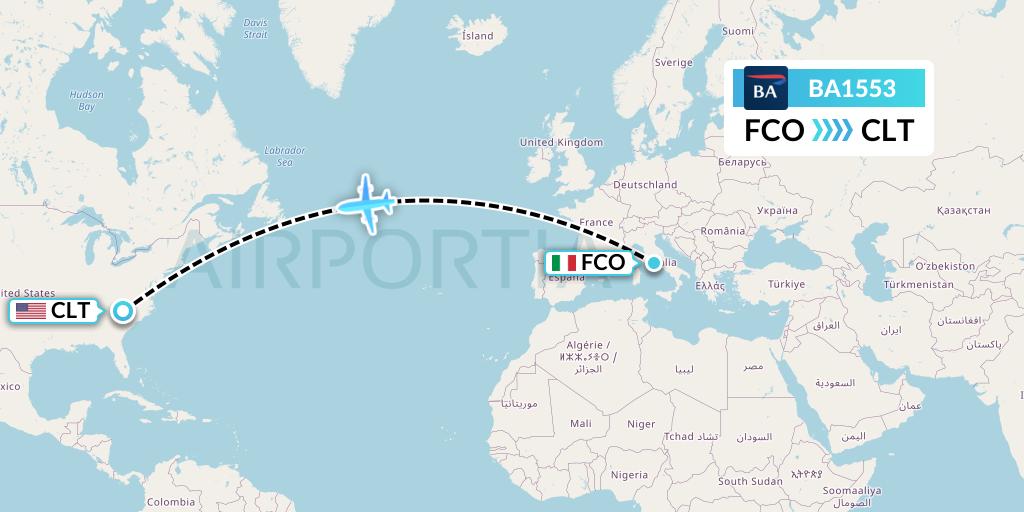 BA1553 British Airways Flight Map: Rome to Charlotte