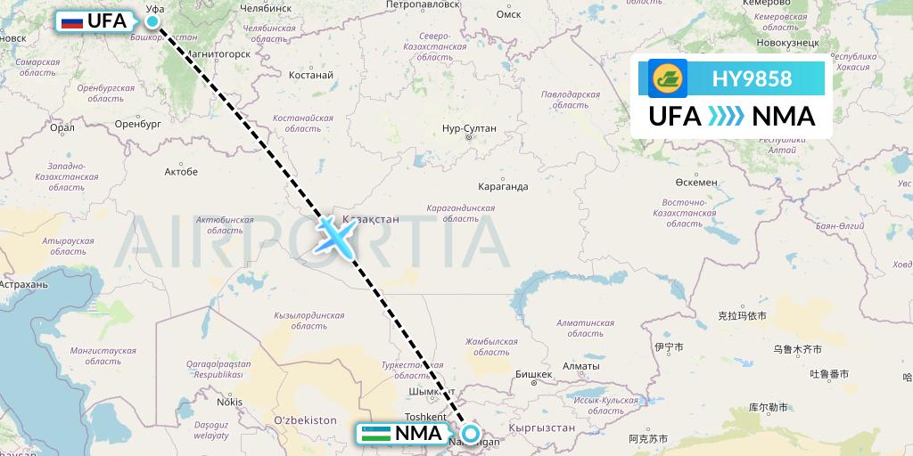 HY9858 Uzbekistan Airways Flight Map: Ufa to Namangan