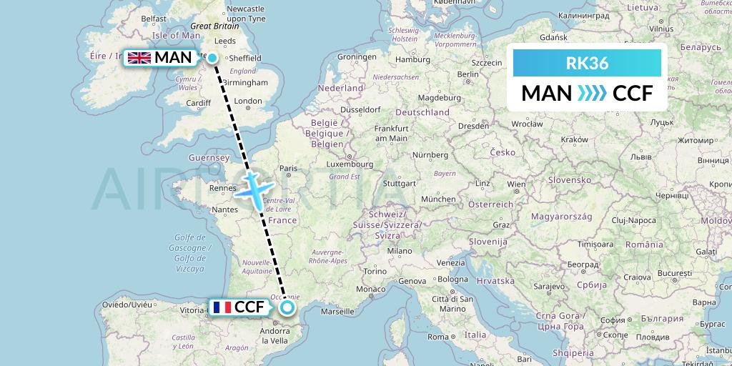 RK36 Ryanair UK Flight Map: Manchester to Carcassonne
