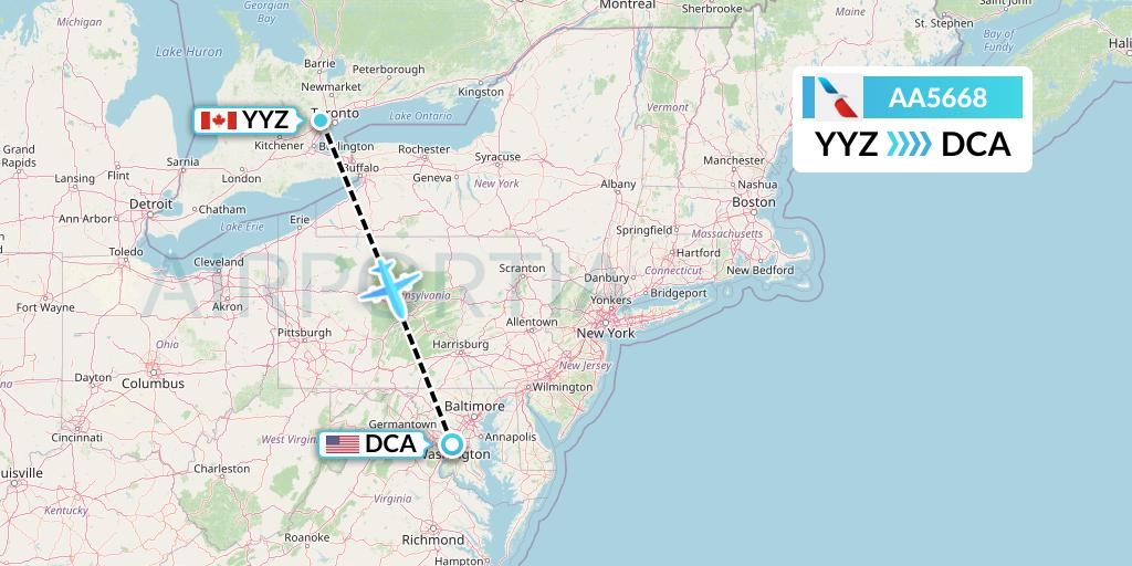AA5668 American Airlines Flight Map: Toronto to Washington