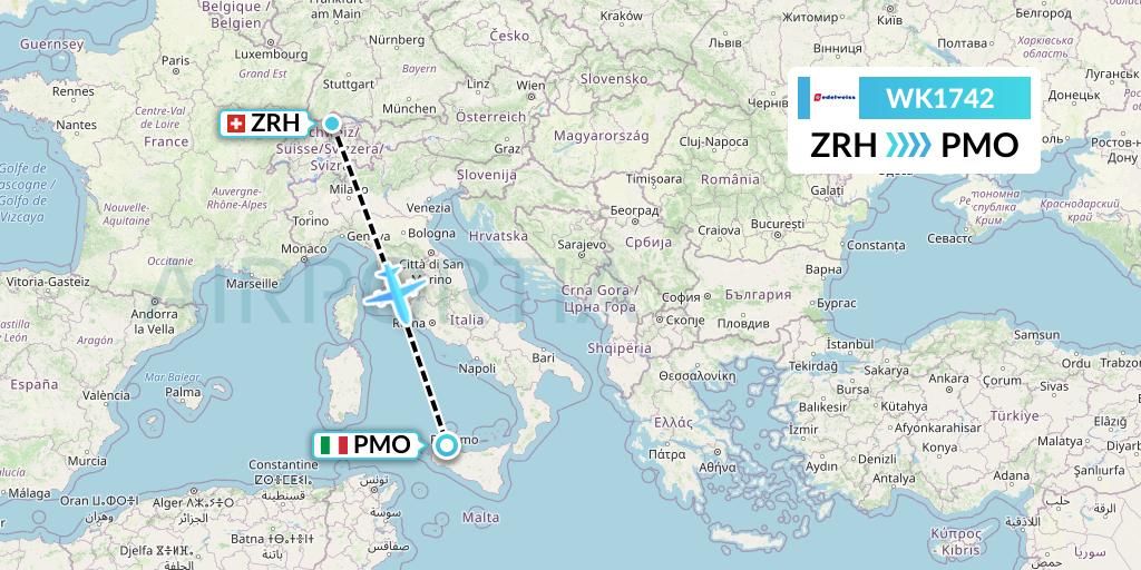 WK1742 Edelweiss Air Flight Map: Zurich to Palermo
