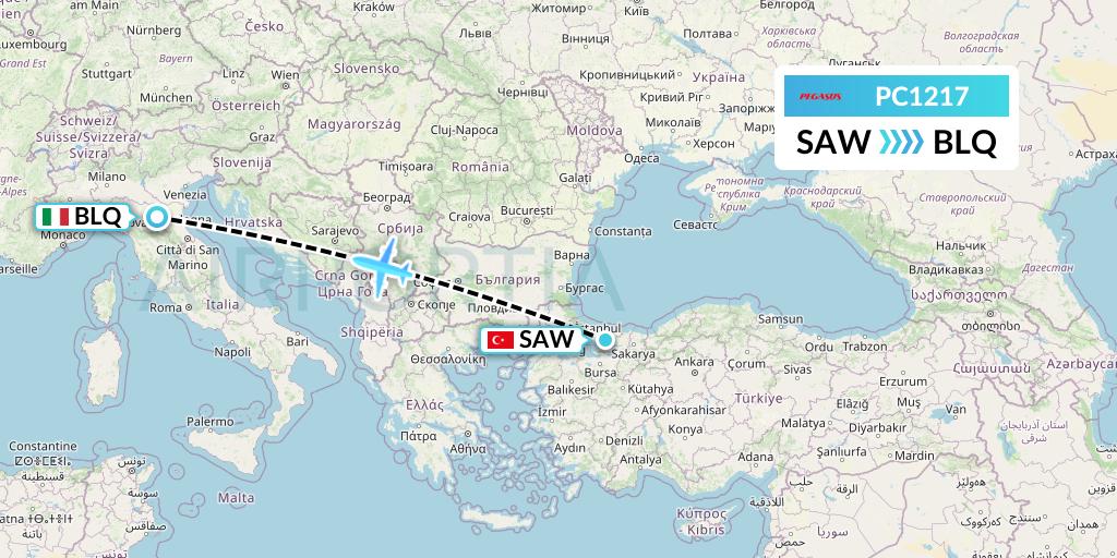 PC1217 Pegasus Airlines Flight Map: Istanbul to Bologna
