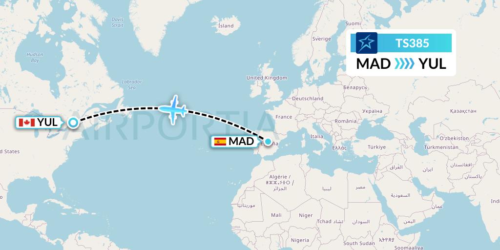 TS385 Air Transat Flight Map: Madrid to Montreal