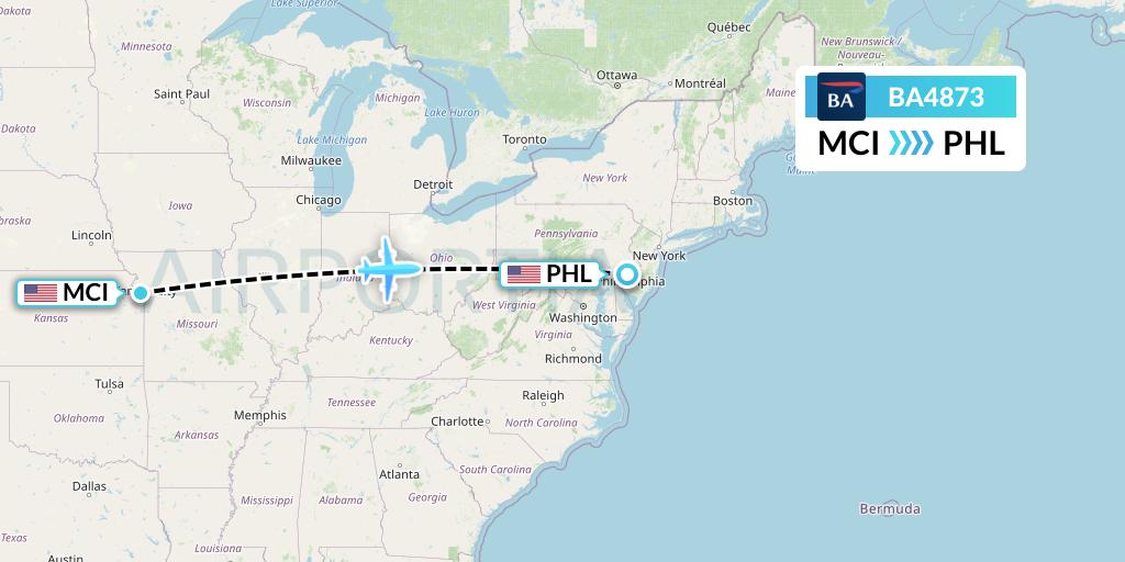 BA4873 British Airways Flight Map: Kansas City to Philadelphia