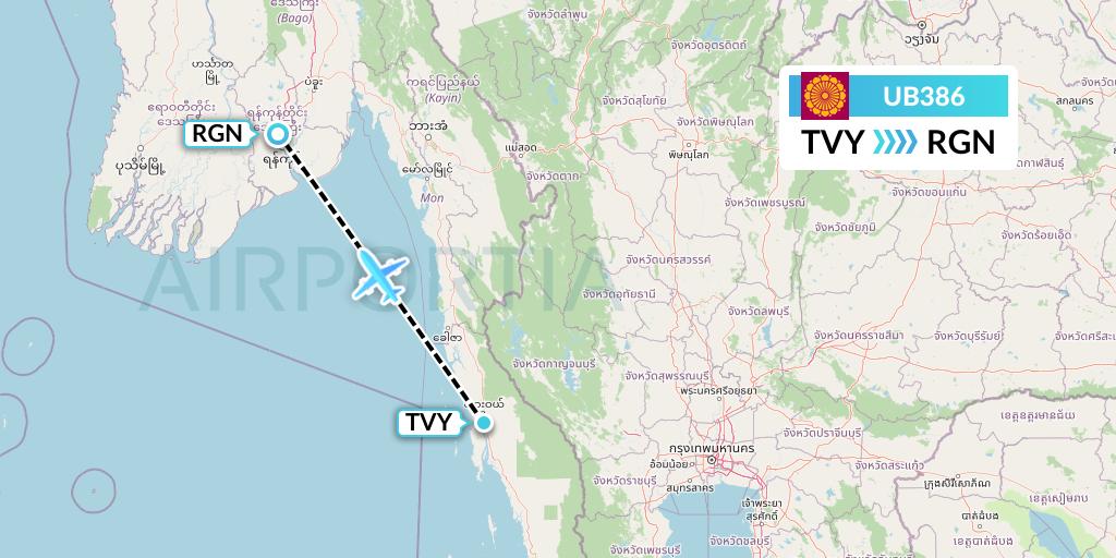 UB386 Myanmar National Airlines Flight Map: Dawei to Yangon