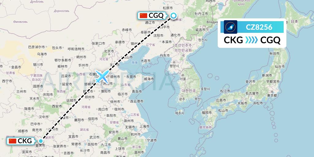 CZ8256 China Southern Airlines Flight Map: Chongqing to Changchun