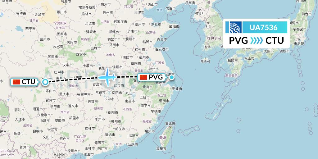 UA7536 United Airlines Flight Map: Shanghai to Chengdu