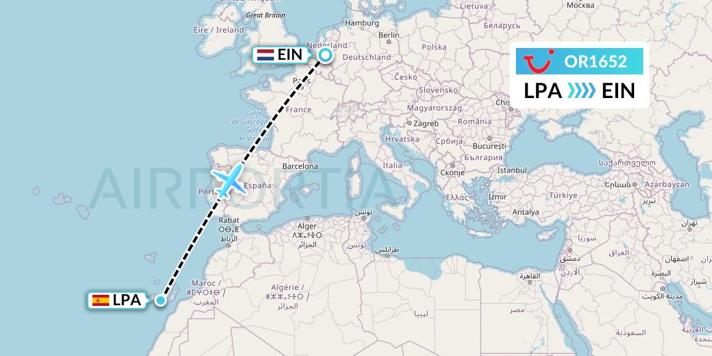 OR1652 TUI fly Netherlands Flight Map: Las Palmas to Eindhoven