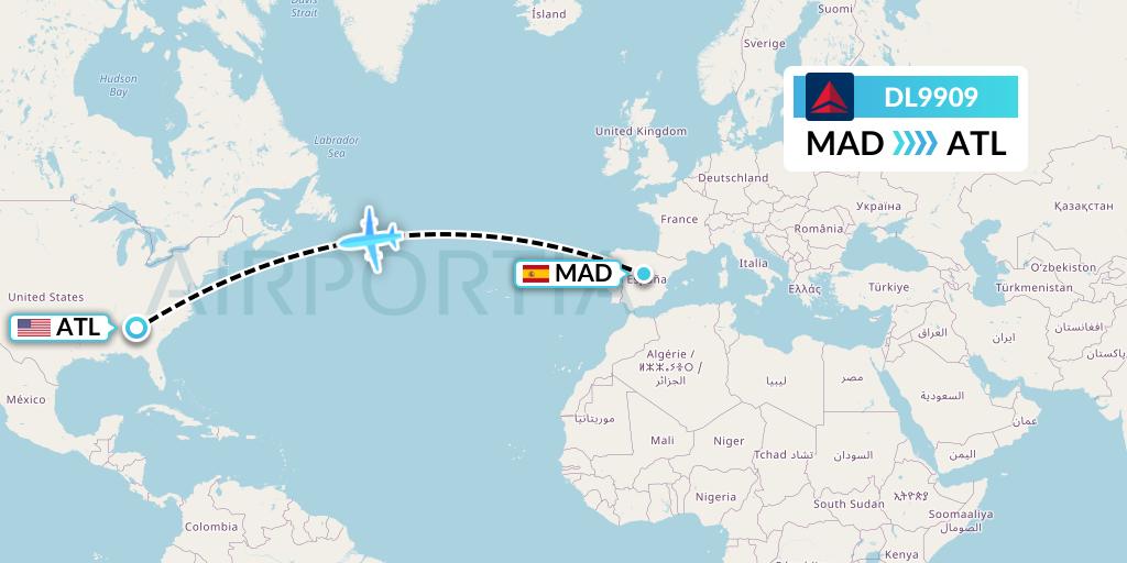 DL9909 Delta Air Lines Flight Map: Madrid to Atlanta