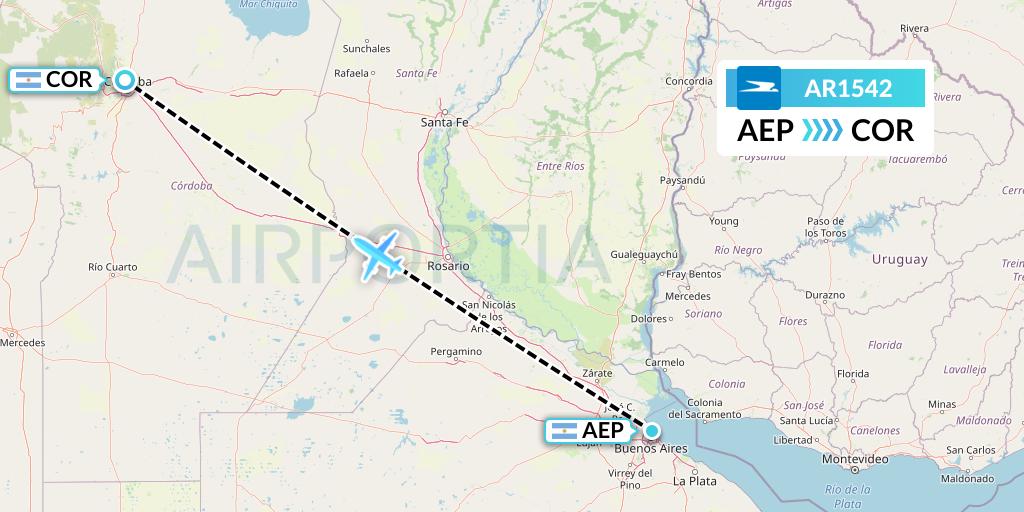 AR1542 Aerolineas Argentinas Flight Map: Buenos Aires to Cordoba