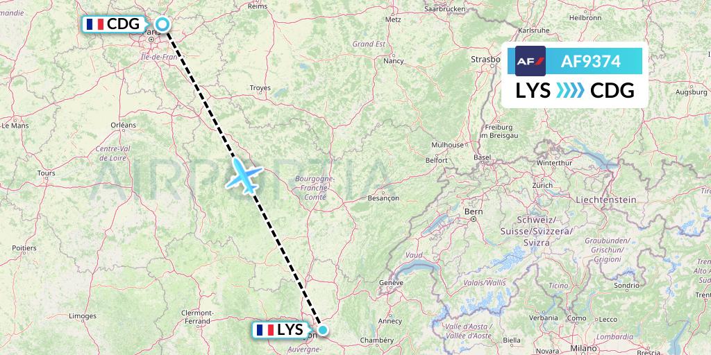 AF9374 Air France Flight Map: Lyon to Paris