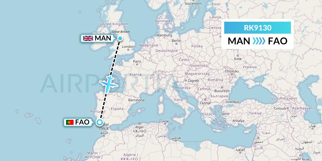 RK9130 Ryanair UK Flight Map: Manchester to Faro