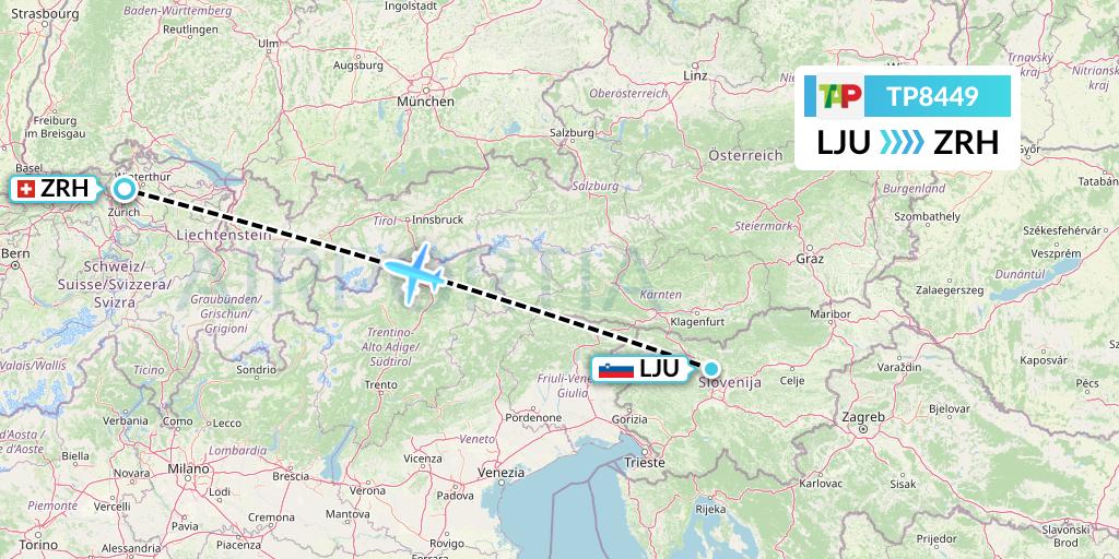 TP8449 TAP Portugal Flight Map: Ljubljana to Zurich