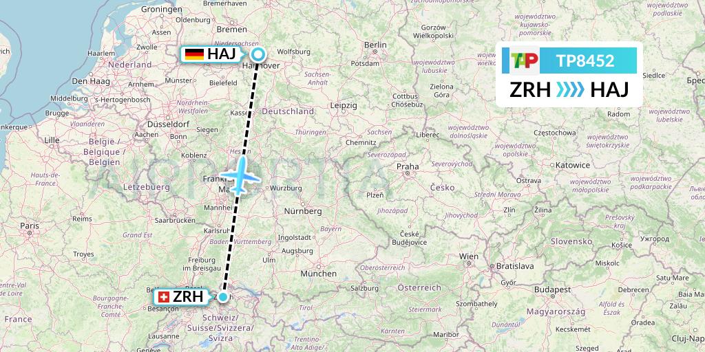 TP8452 TAP Portugal Flight Map: Zurich to Hannover