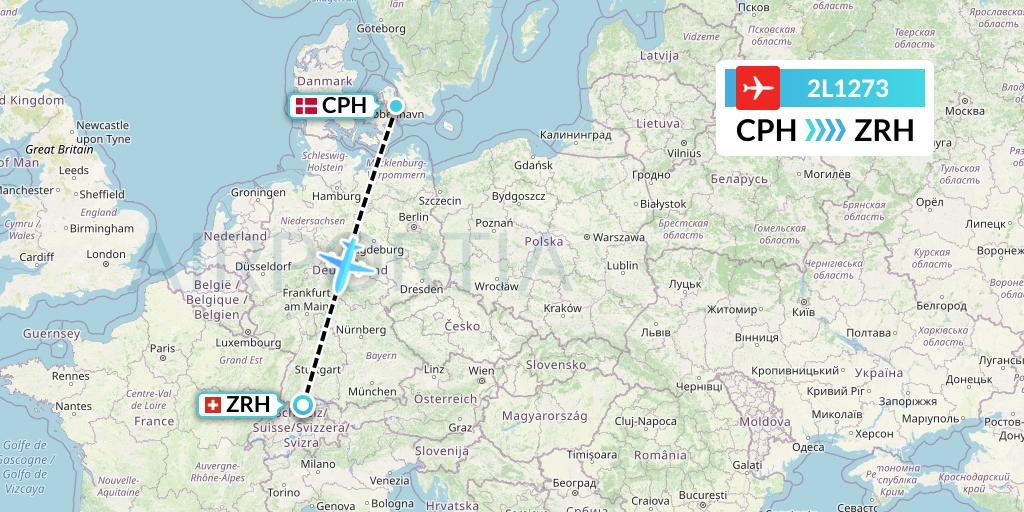 2L1273 Helvetic Airways Flight Map: Copenhagen to Zurich